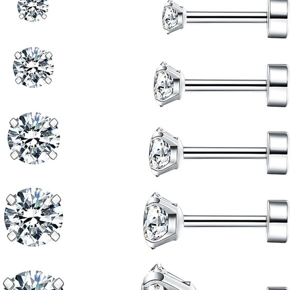 Set of 6 Silver Hypoallergenic Surgical Steel Cubic Zirconia Stud Earrings for S - Picture 1 of 9